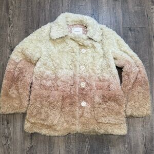by ANTHROPOLOGIE Ombre Cream, Tan & Pink Faux Fur Button-Up Coat, Size Small